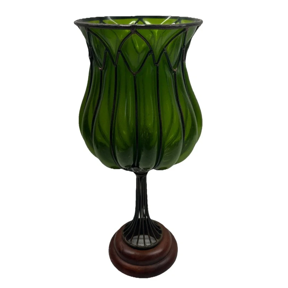 Vintage Art Nouveau Style Green Glass Ribbed Tulip Planter/candle‎ Holder